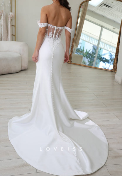 V-Neck Appliques Sleek Satin Simple Mermaid Wedding Dress