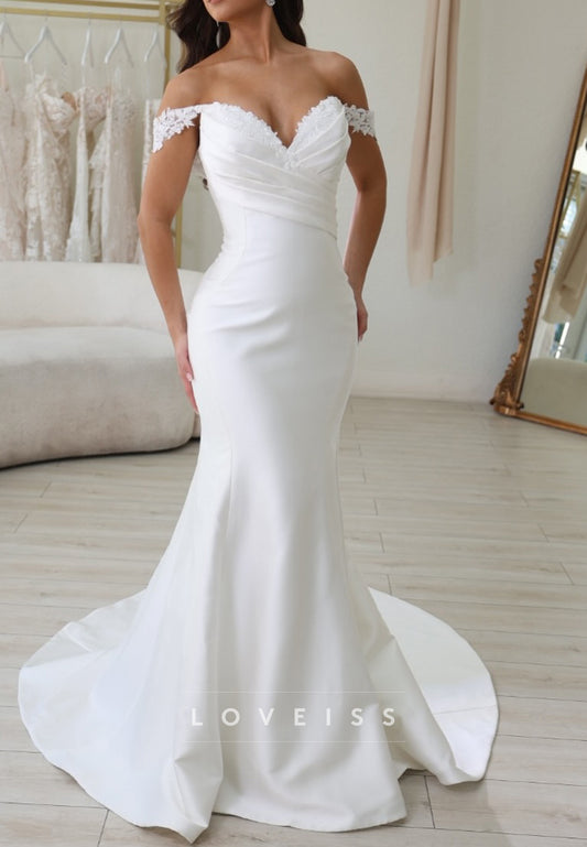 V-Neck Appliques Sleek Satin Simple Mermaid Wedding Dress
