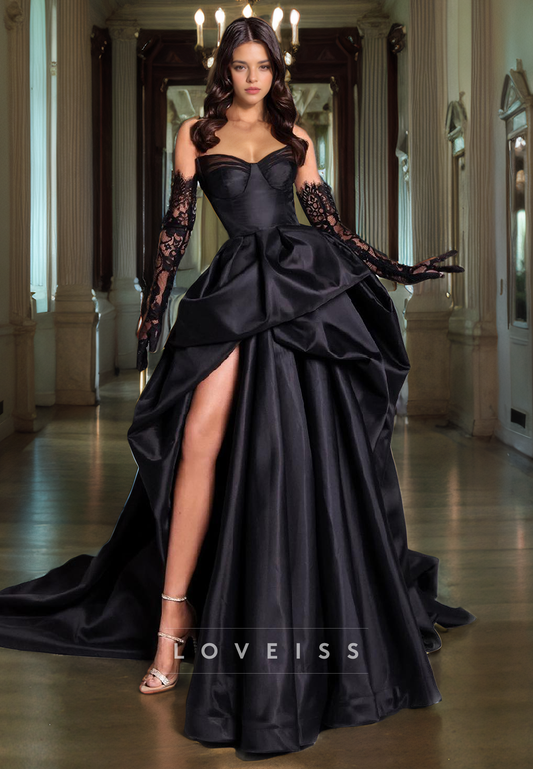 V-Neck Appliques Sleeves Sleek High Slit Ball Gown Prom Dress