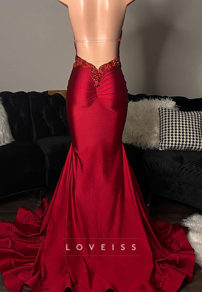 V-Neck Backless Appliques Beaded Mermaid Prom Dress for Black Girls