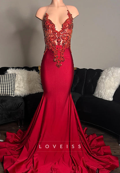 V-Neck Backless Appliques Beaded Mermaid Prom Dress for Black Girls