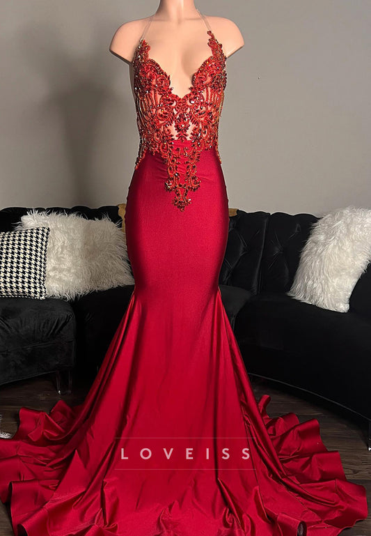 V-Neck Backless Appliques Beaded Mermaid Prom Dress for Black Girls