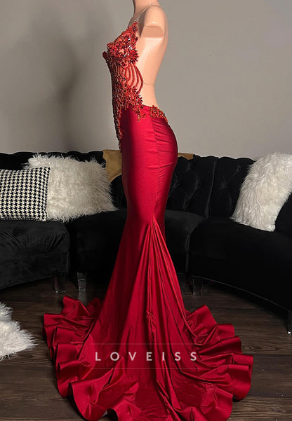 V-Neck Backless Appliques Beaded Mermaid Prom Dress for Black Girls