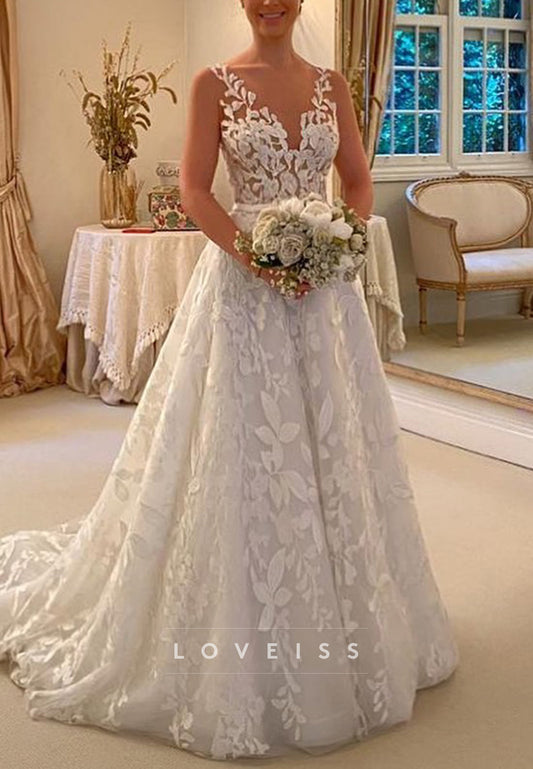 V-Neck Backless Lace Appliques Ball Gown Wedding Dress