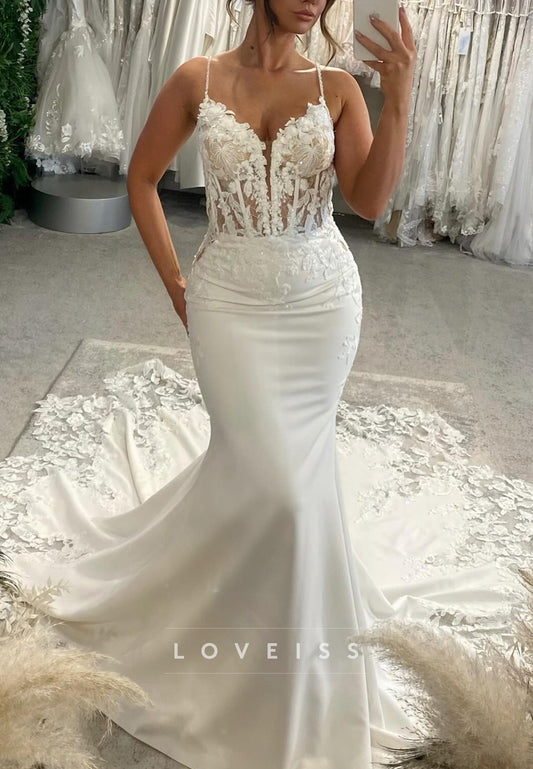 V-Neck Backless Lace Appliques Spaghetti Straps Mermaid Wedding Dress
