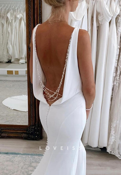 V-Neck Backless Sleek Fitted Mermaid Simple Wedding Dress