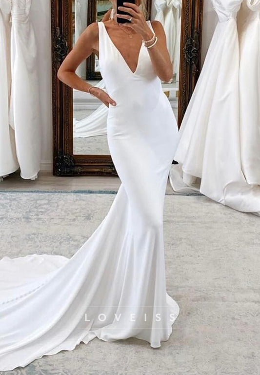 V-Neck Backless Sleek Fitted Mermaid Simple Wedding Dress