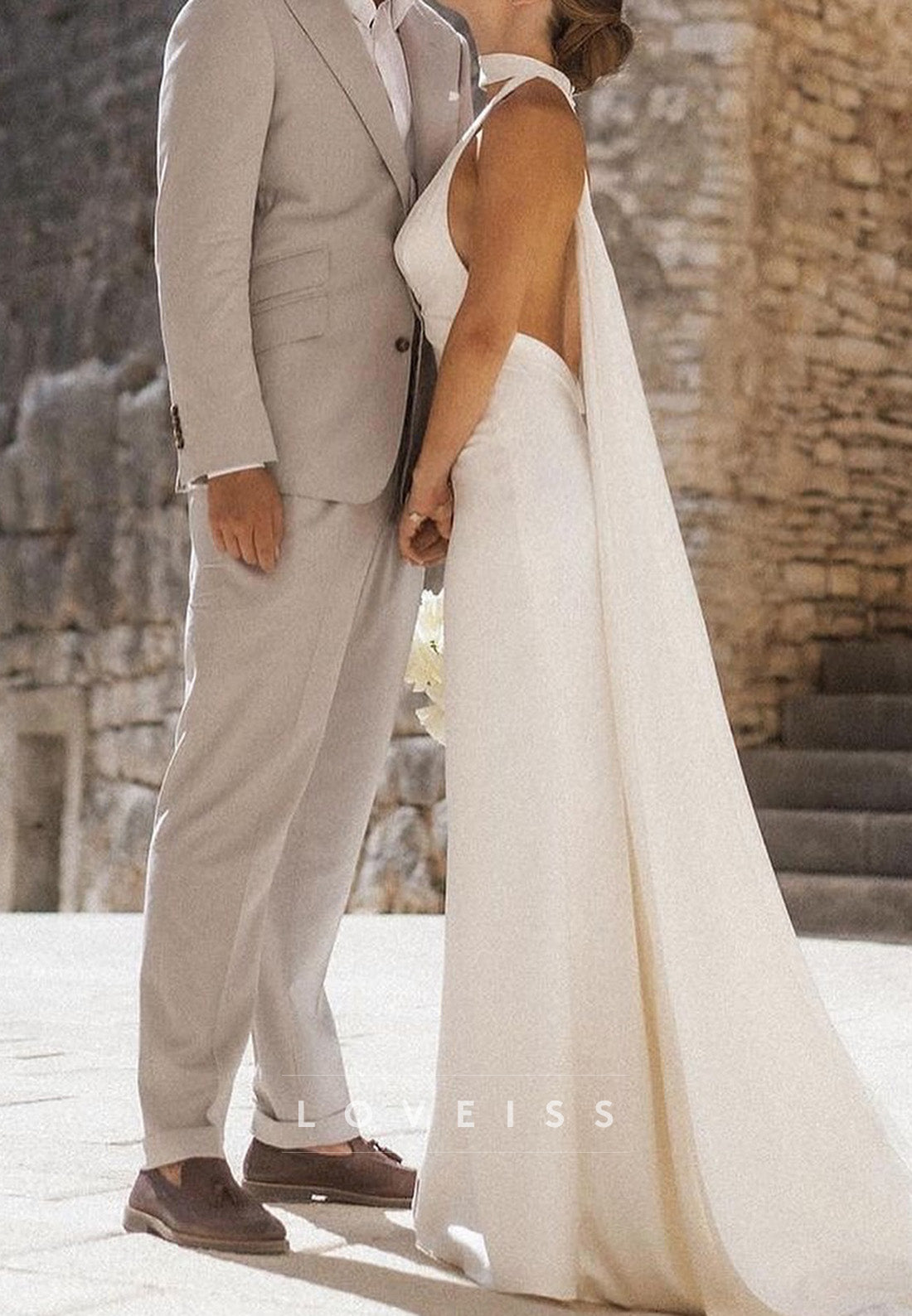 V-Neck Backless Sleek Mermaid Beach Wedding Dress