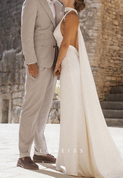 V-Neck Backless Sleek Mermaid Beach Wedding Dress