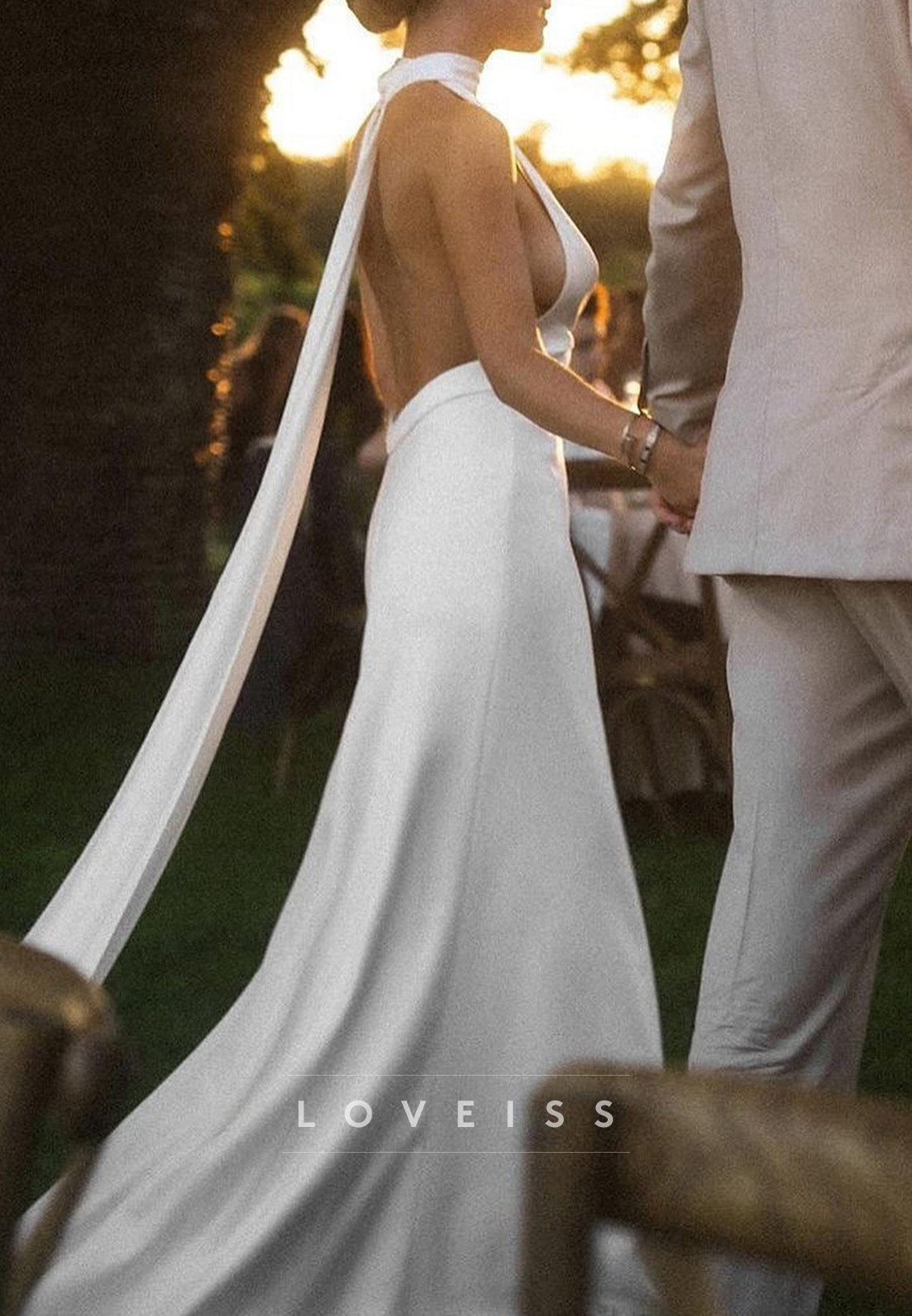 V-Neck Backless Sleek Mermaid Beach Wedding Dress