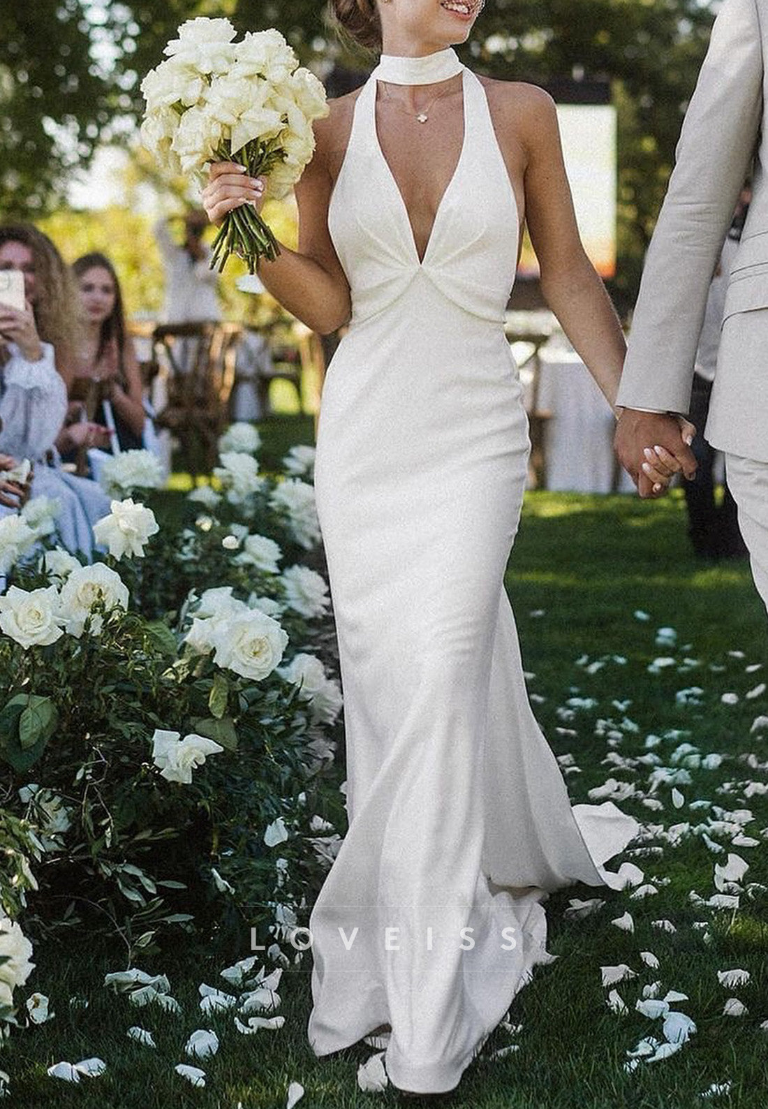 V-Neck Backless Sleek Mermaid Beach Wedding Dress