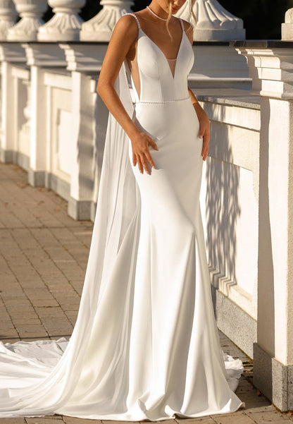 V-Neck Backless Sleek Sleeveless Mermaid Wedding Dress