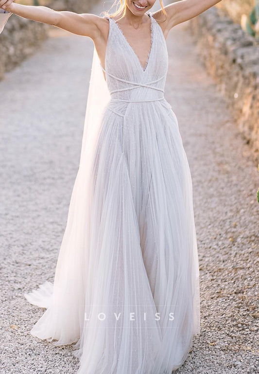 V-Neck Backless Sleeveless Tulle Pleated A-Line Summer Wedding Dress
