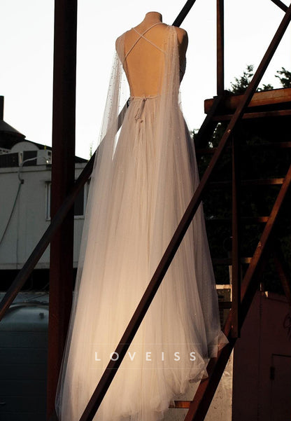 V-Neck Backless Sleeveless Tulle Pleated A-Line Summer Wedding Dress