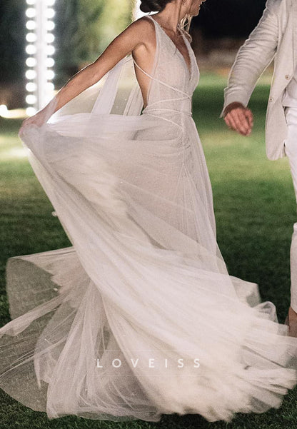V-Neck Backless Sleeveless Tulle Pleated A-Line Summer Wedding Dress