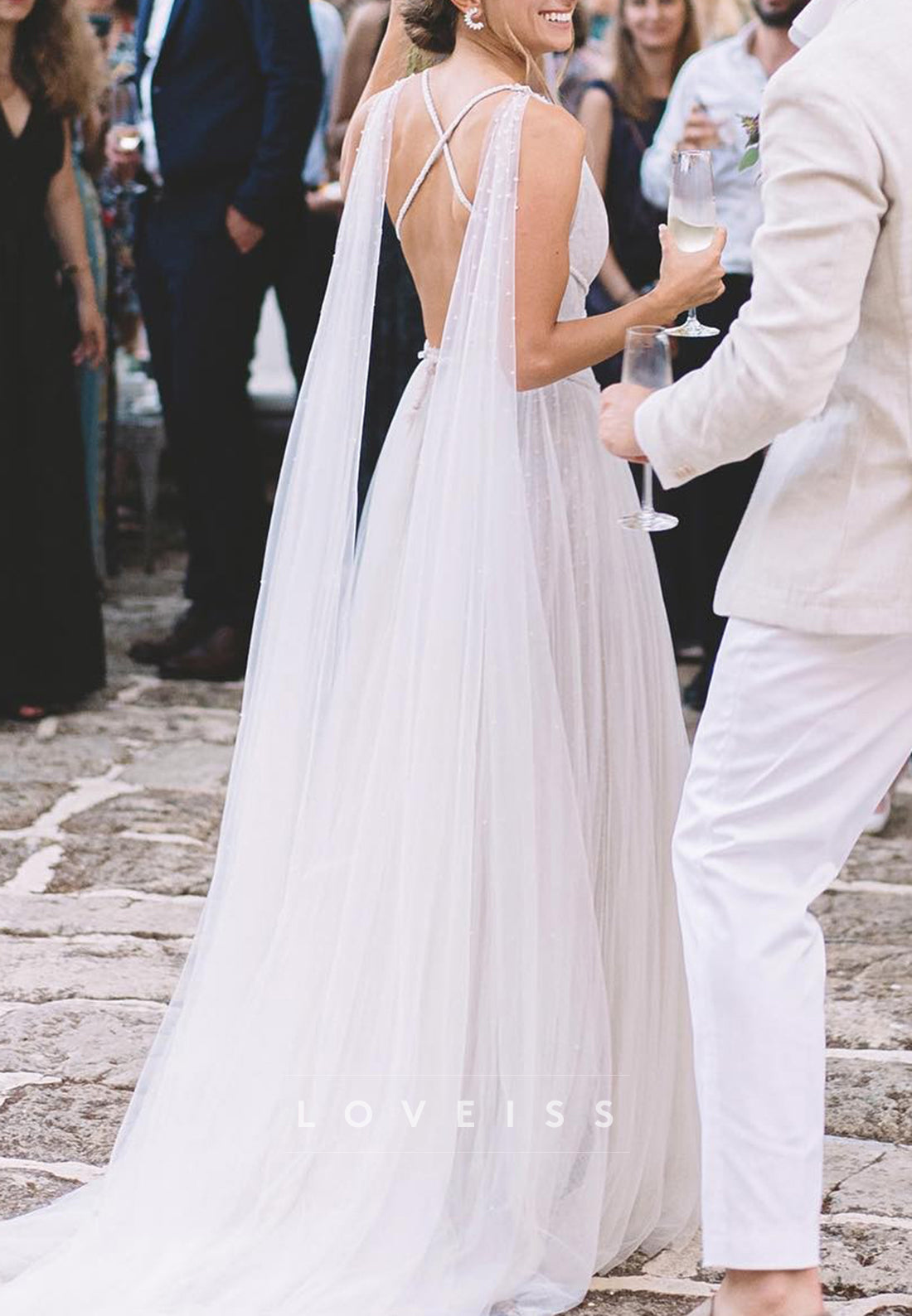 V-Neck Backless Sleeveless Tulle Pleated A-Line Summer Wedding Dress
