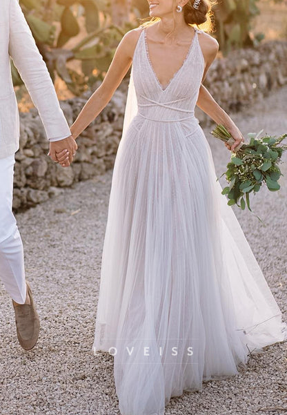 V-Neck Backless Sleeveless Tulle Pleated A-Line Summer Wedding Dress