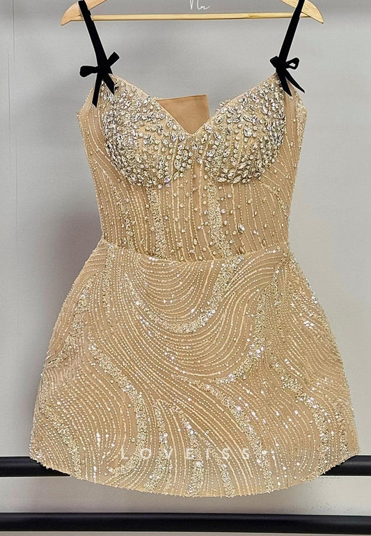 V-Neck Beaded Embroidery A-Line Party Homecoming Dress