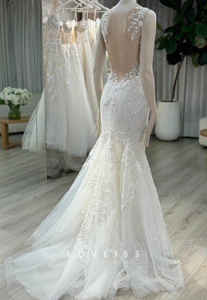 V-Neck Beaded Embroidery Appliques Mermaid Wedding Dress