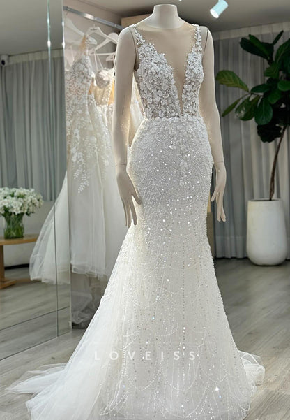 V-Neck Beaded Embroidery Appliques Mermaid Wedding Dress
