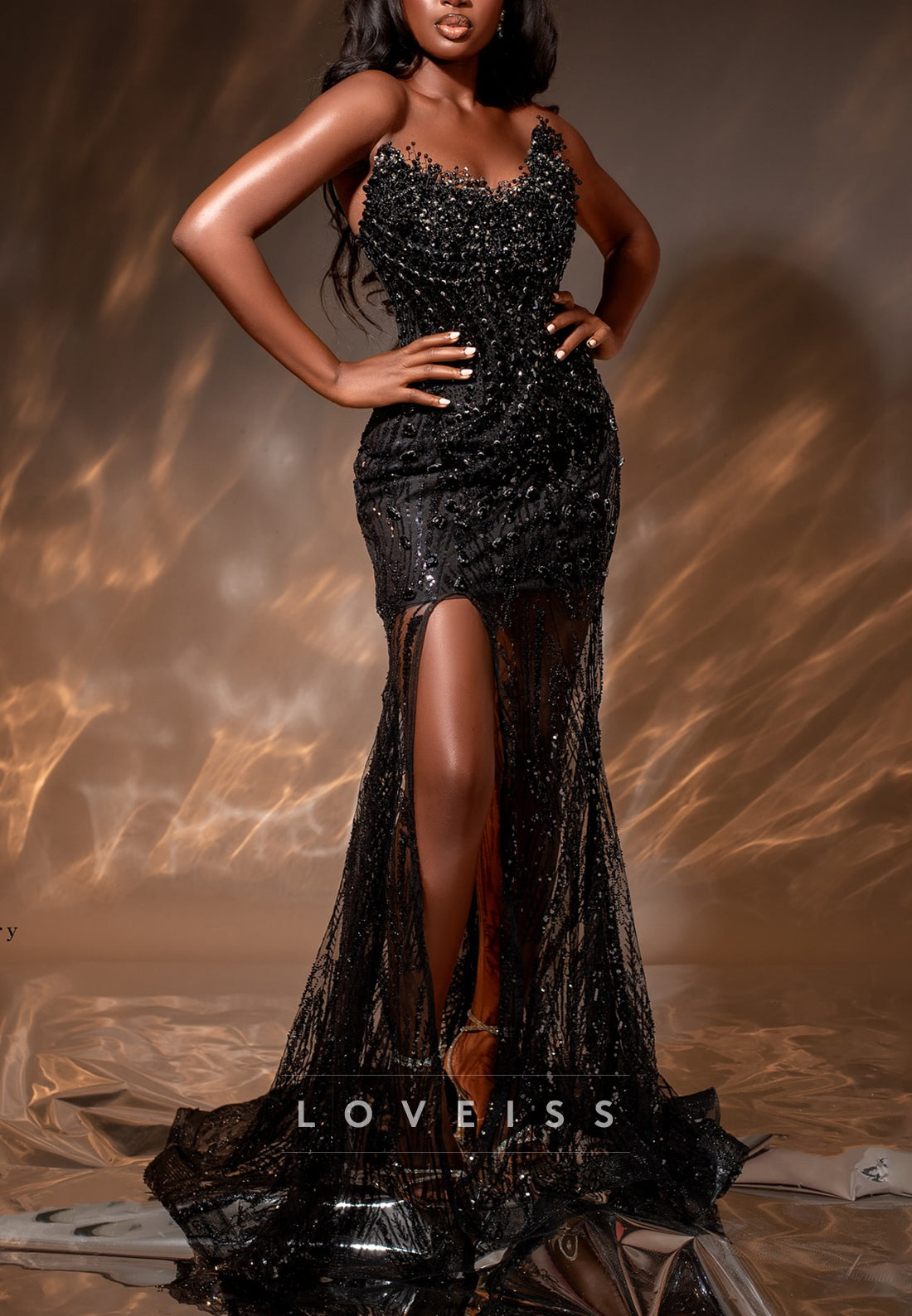 V-Neck Beaded Embroidery Sparkly Mermaid Prom Dress for Black Girls