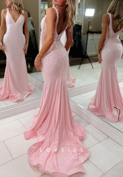 V-Neck Beaded Embroiidery Mermaid Prom Dress