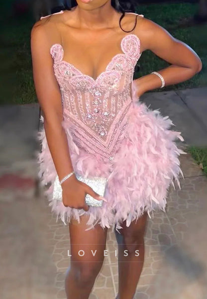 V-Neck Beaded Feathered Sheath Homecoming Dress for Black Girls