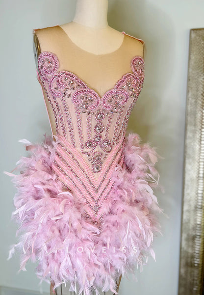 V-Neck Beaded Feathered Sheath Homecoming Dress for Black Girls
