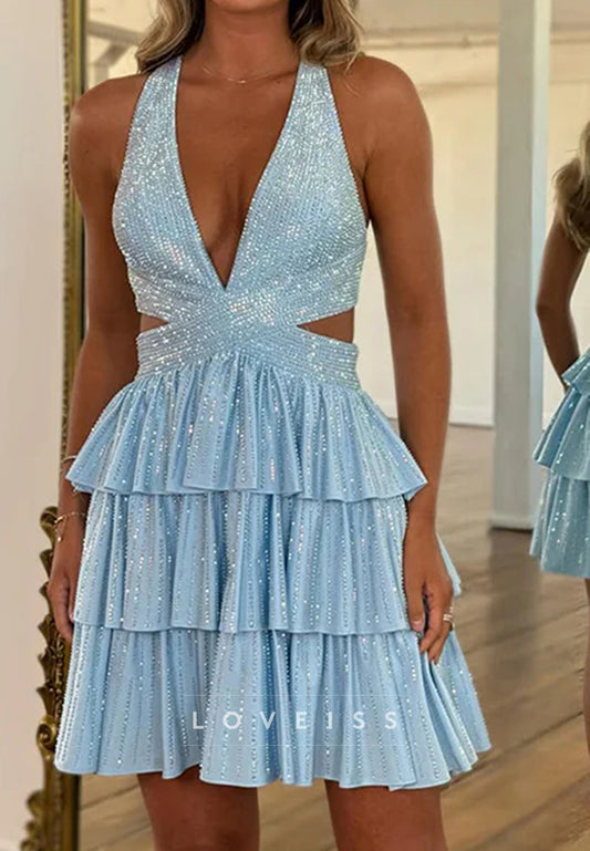 V-Neck Beaded Tiered A-Line Short Homecoming Dress