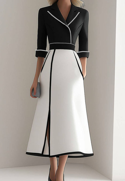 V-Neck Blazer Half Sleeves White Black Midi Bussiness Dress