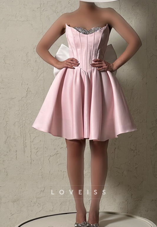 V-Neck Bow Sleeveless Beaded Sleek A-Line Party Homecoming Dress
