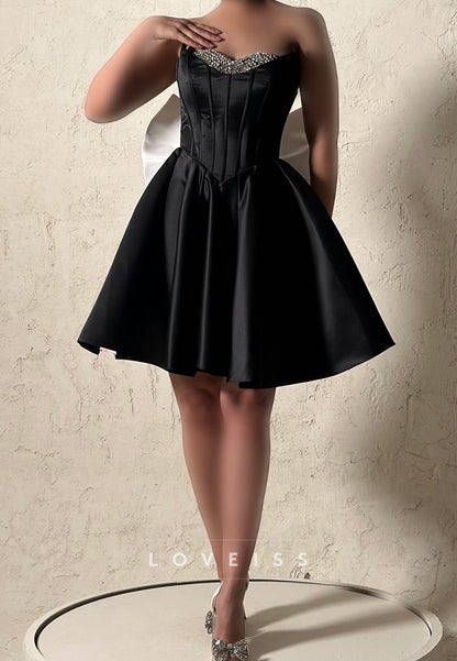 V-Neck Bow Sleeveless Beaded Sleek A-Line Party Homecoming Dress