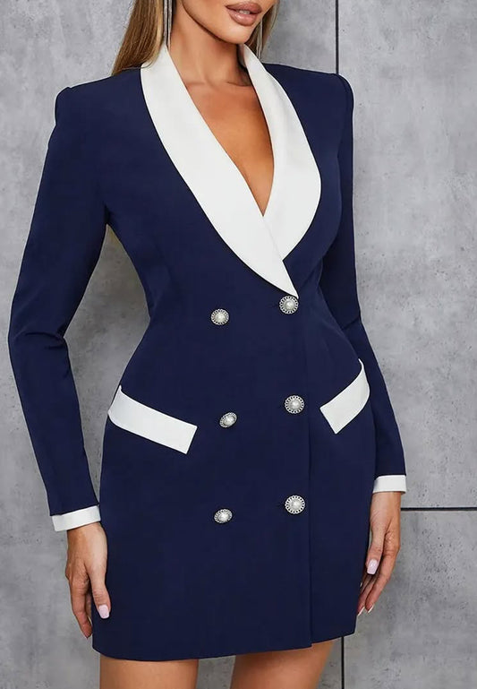 V-Neck Button Long Sleeves Blazer Sheath Short Dress