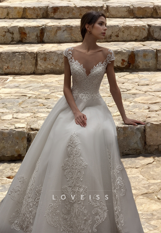 V-Neck Cap Sleeves All Lace Appliques Ball Gown Classic Wedding Dress