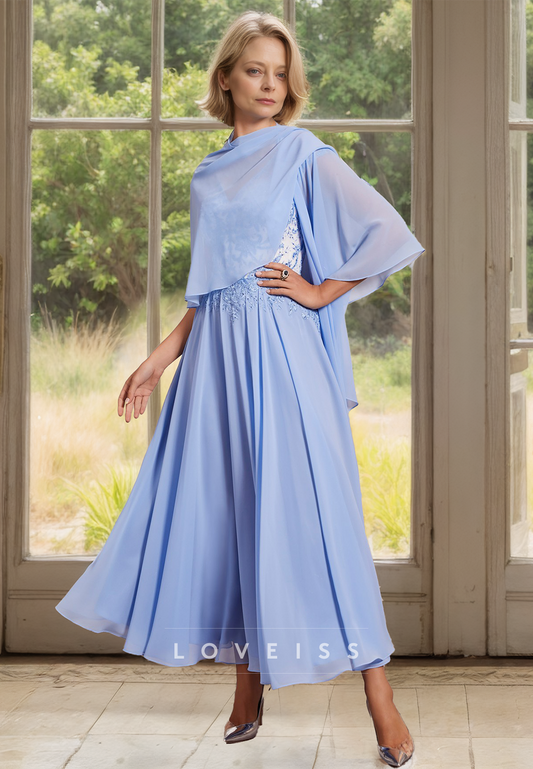 V-Neck Cap Sleeves Appliques Chiffon A-Line Mother of Bride Dress