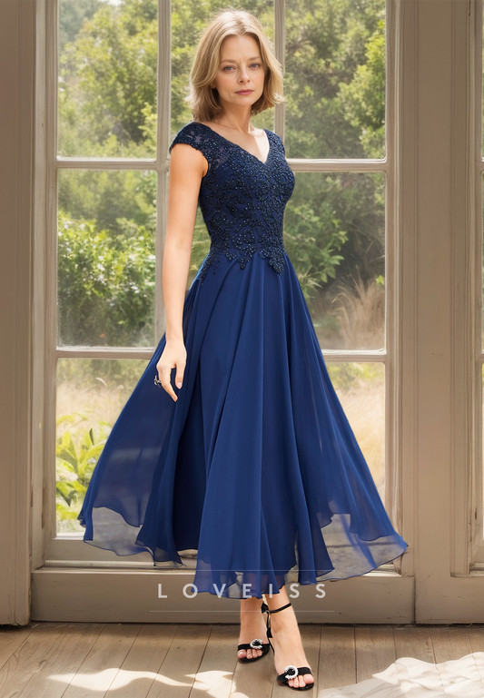 V-Neck Cap Sleeves Appliques Chiffon Pleated A-Line Mother of Bride Dress