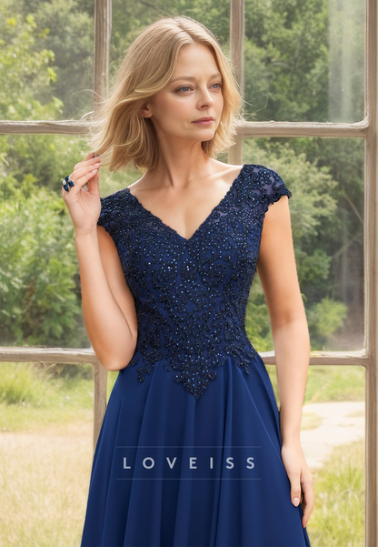 V-Neck Cap Sleeves Appliques Chiffon Pleated A-Line Mother of Bride Dress