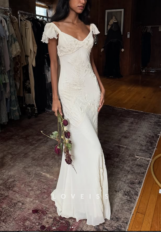 V-Neck Cap Sleeves Appliques Mermaid Wedding Dress