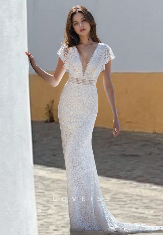 V-Neck Cap Sleeves Appliques Mermaid Wedding Dress