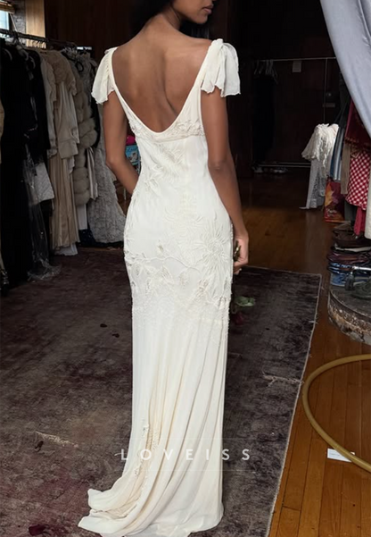 V-Neck Cap Sleeves Appliques Mermaid Wedding Dress