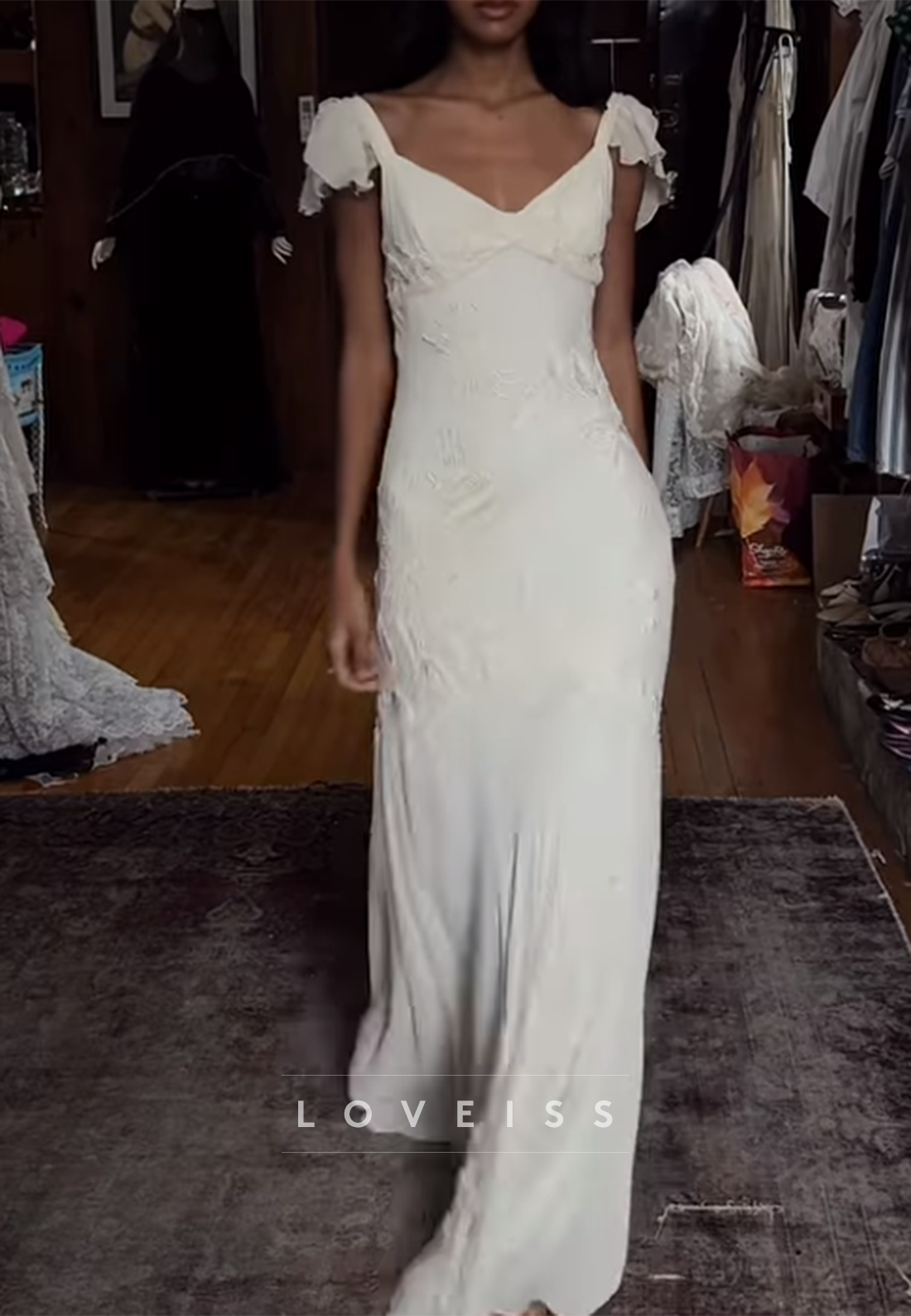 V-Neck Cap Sleeves Appliques Mermaid Wedding Dress