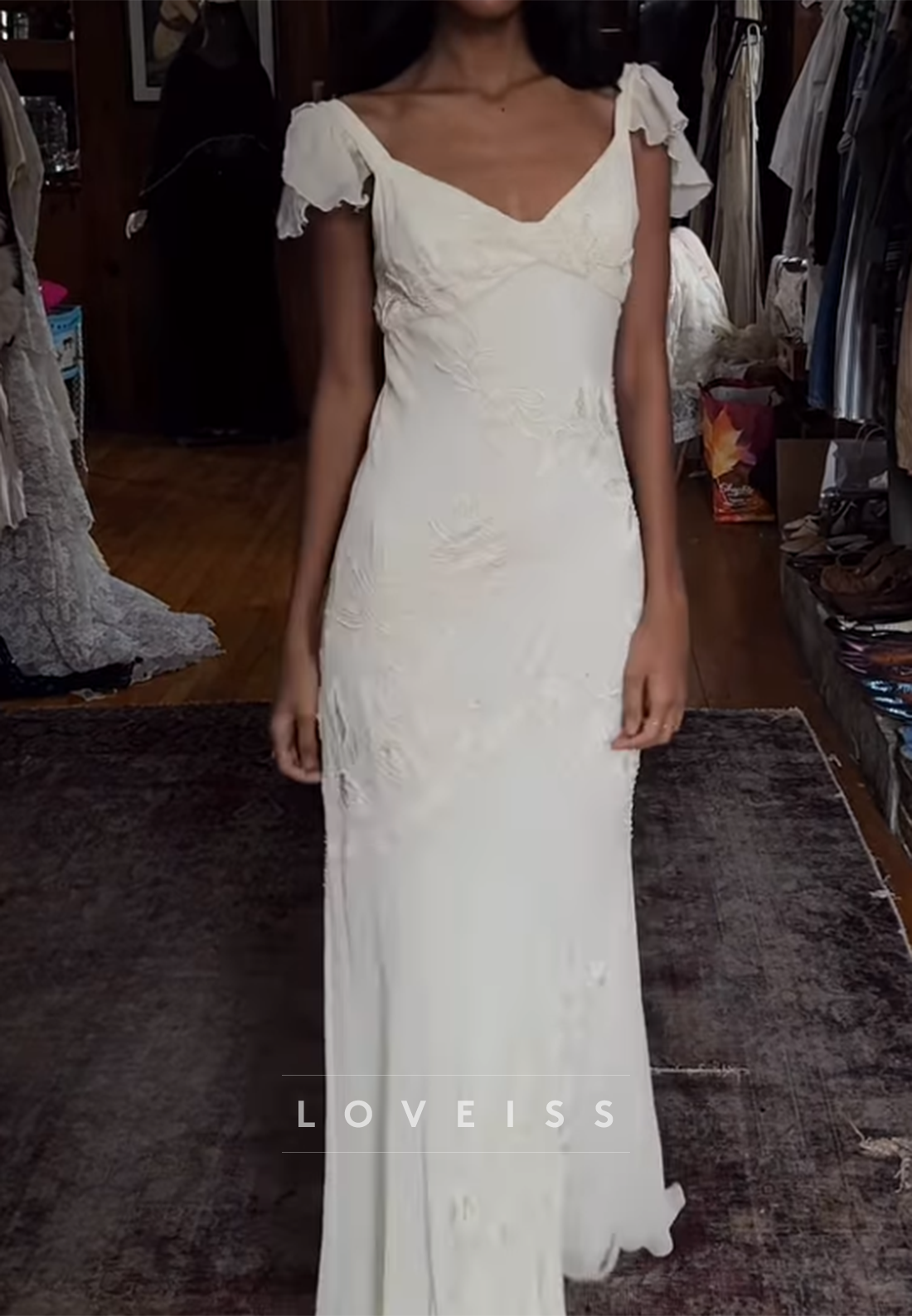V-Neck Cap Sleeves Appliques Mermaid Wedding Dress