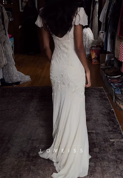 V-Neck Cap Sleeves Appliques Mermaid Wedding Dress