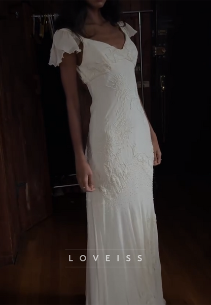 V-Neck Cap Sleeves Appliques Mermaid Wedding Dress