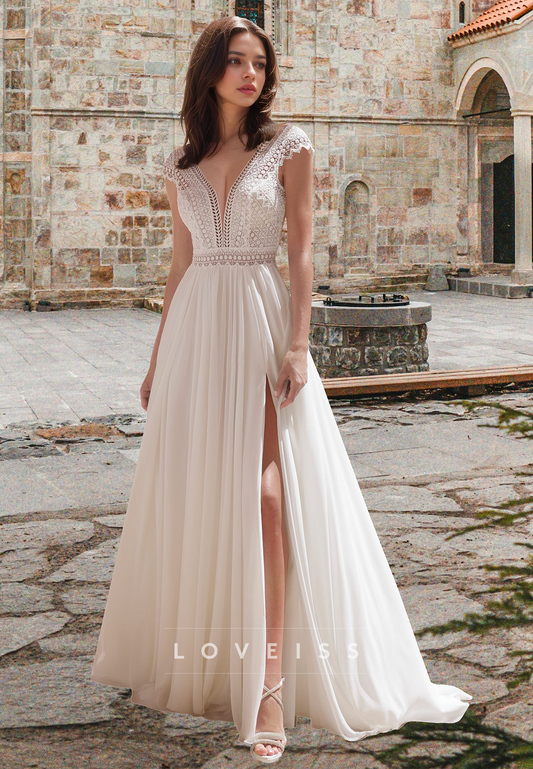 V-Neck Cap Sleeves Appliques Pleated Chiffon A-Line Boho Wedding Dress
