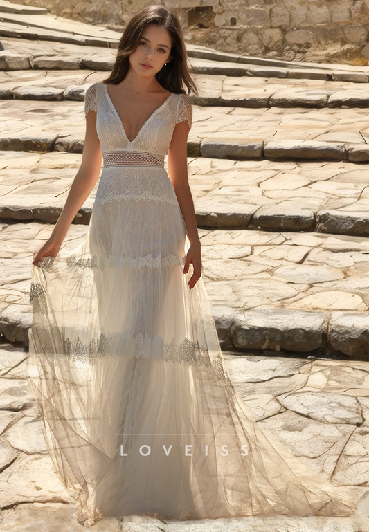 V-Neck Cap Sleeves Appliques Tulle A-Line Boho Wedding Dress