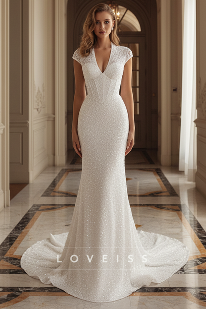V-Neck Cap Sleeves Beaded Embroidery Mermaid Wedding Dress