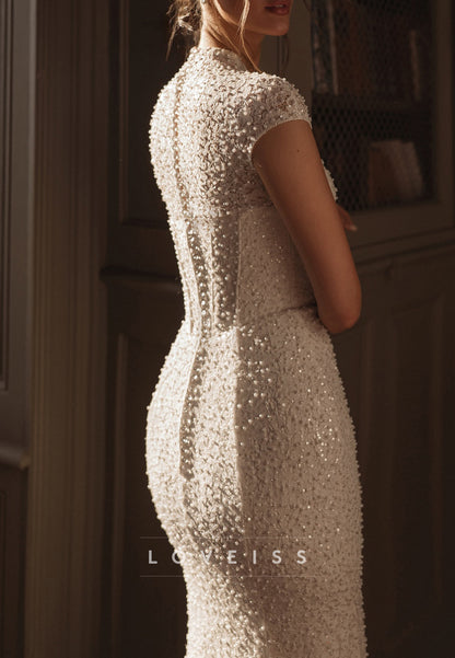 V-Neck Cap Sleeves Beaded Embroidery Mermaid Wedding Dress