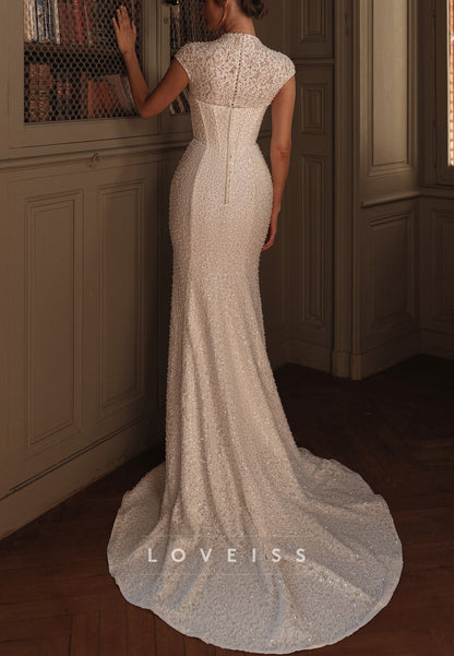 V-Neck Cap Sleeves Beaded Embroidery Mermaid Wedding Dress