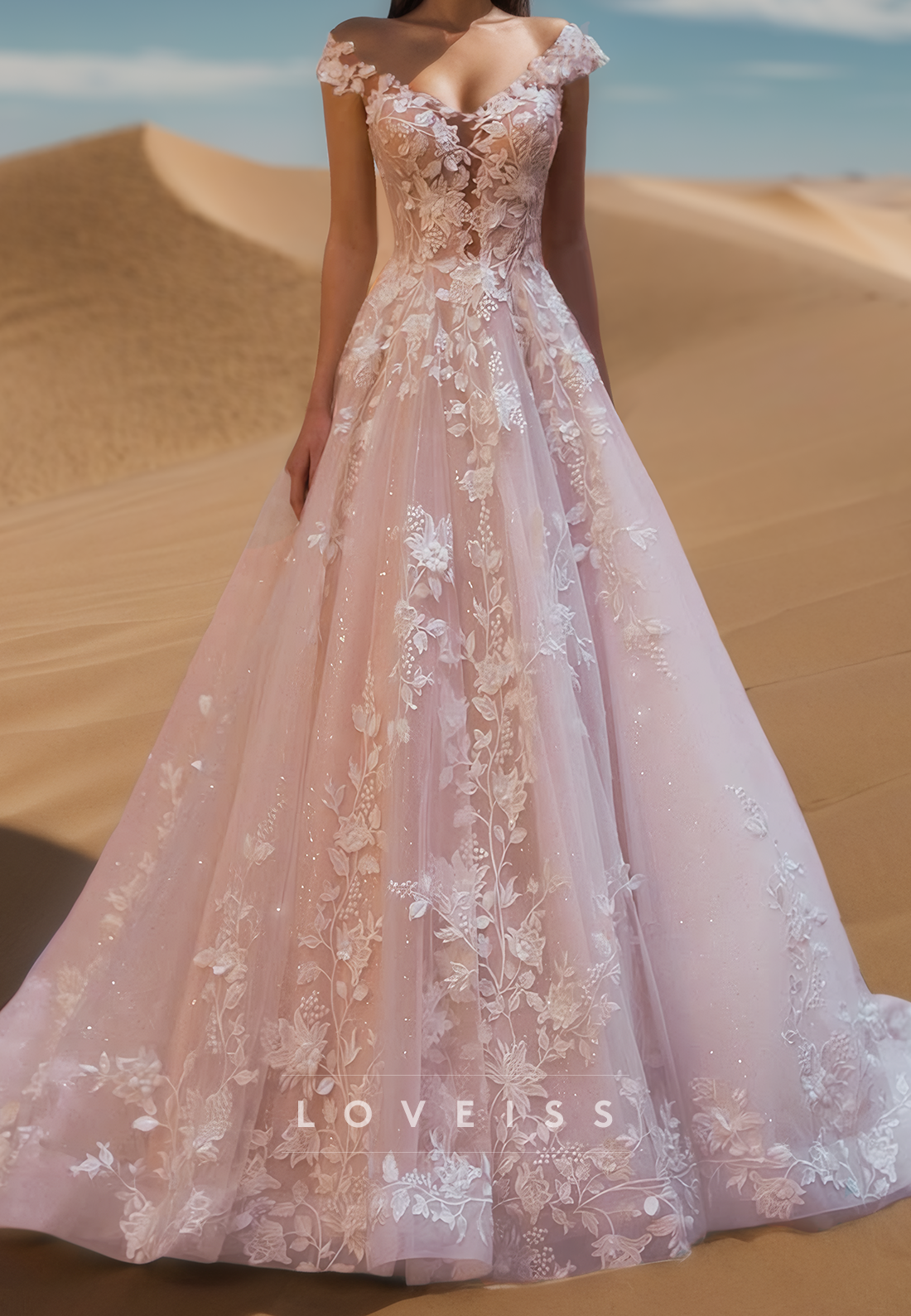 V-Neck Cap Sleeves Floral Appliques Ball Gown Wedding Dress